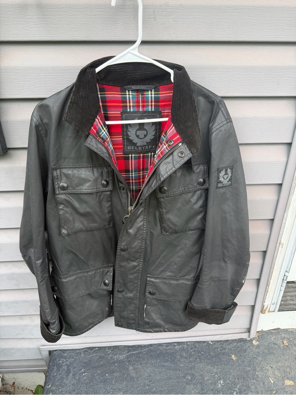 Belstaff Black Waxed Cotton Military Field Jacket with Tartan Lining